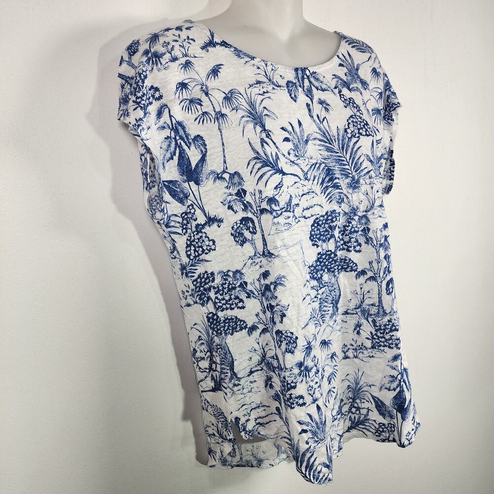 Nicole Miller Womens 100% Linen Top L Blue White Floral Short Sleeve Tropical - Picture 6 of 9